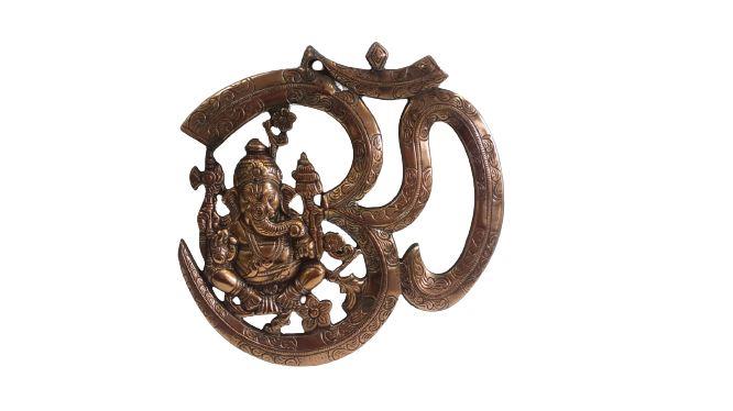 Black Metal Antique Wall Hanging Decor of Ganeshji W/ Om Symbol - 10"